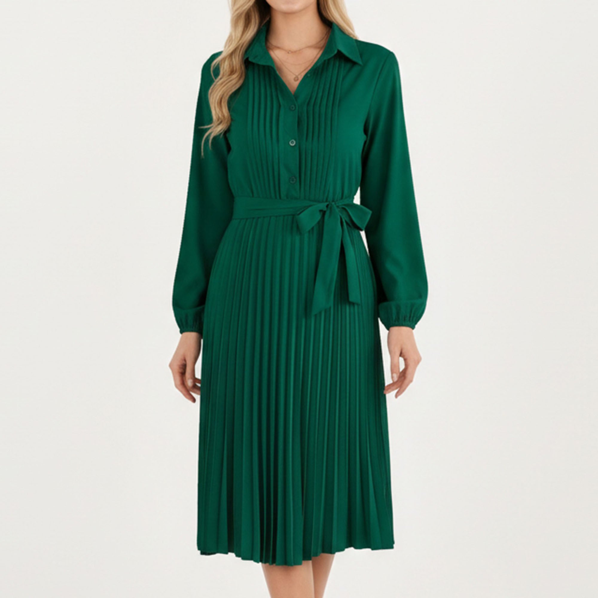 Anna-Kaci Women¡¯s Pleated Midi Dress with Button-Down Front, Long Sleeves, and Waist Tie for a Feminine and Flattering Silhouette