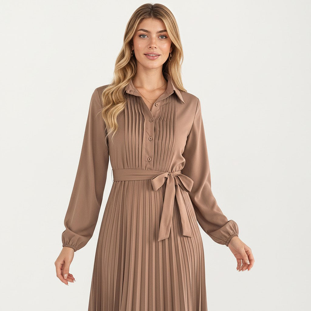 Anna-Kaci Women¡¯s Pleated Midi Dress with Button-Down Front, Long Sleeves, and Waist Tie for a Feminine and Flattering Silhouette