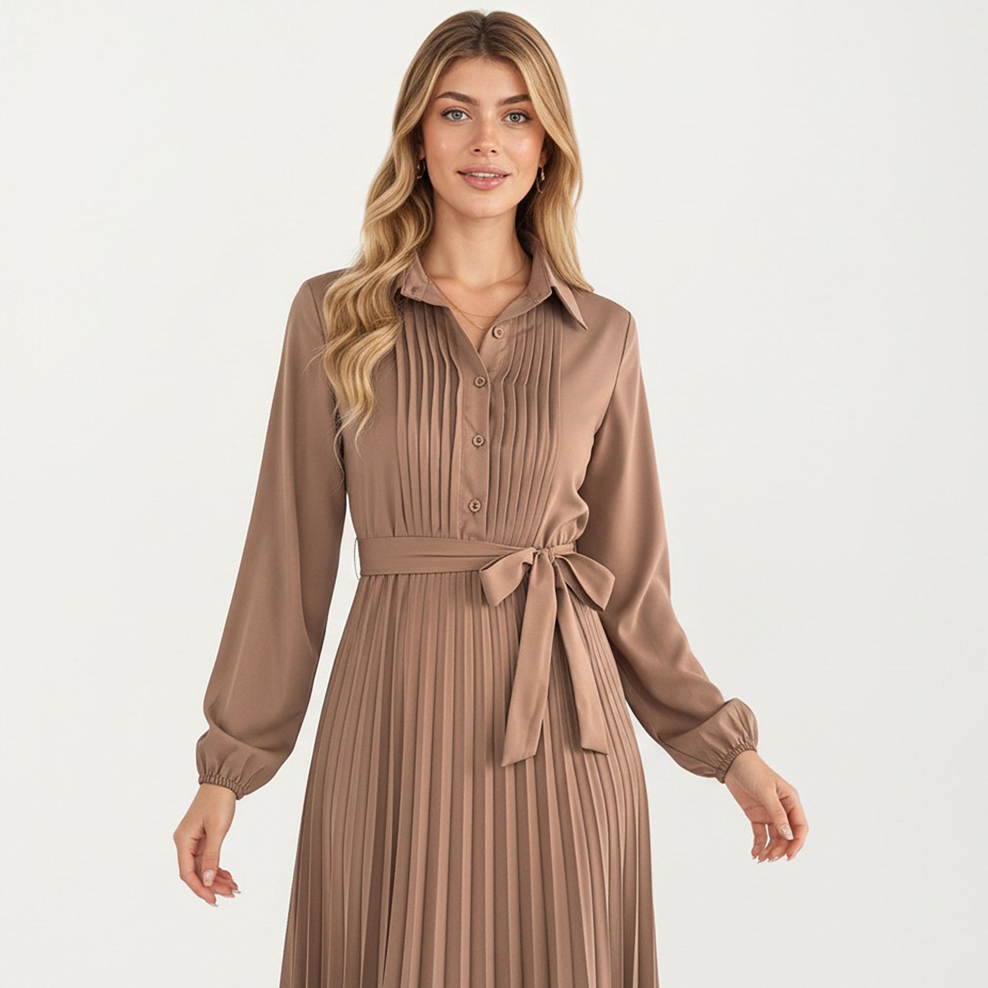 Anna-Kaci Women¡¯s Pleated Midi Dress with Button-Down Front, Long Sleeves, and Waist Tie for a Feminine and Flattering Silhouette