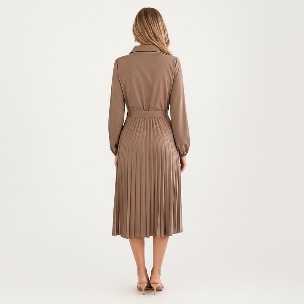 Anna-Kaci Women¡¯s Pleated Midi Dress with Button-Down Front, Long Sleeves, and Waist Tie for a Feminine and Flattering Silhouette
