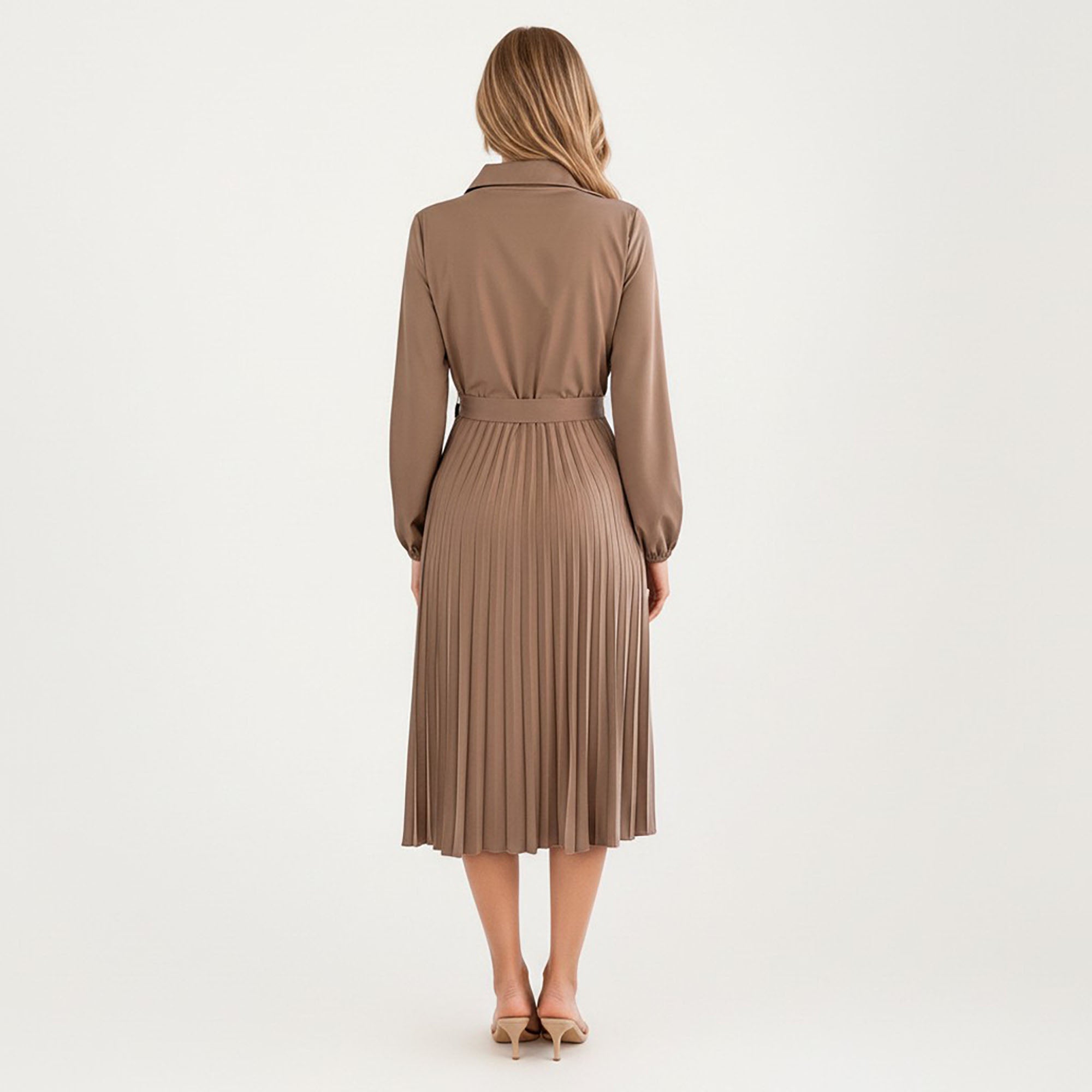 Anna-Kaci Women¡¯s Pleated Midi Dress with Button-Down Front, Long Sleeves, and Waist Tie for a Feminine and Flattering Silhouette