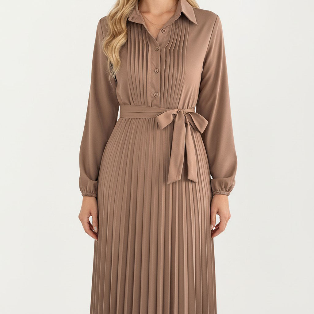 Anna-Kaci Women¡¯s Pleated Midi Dress with Button-Down Front, Long Sleeves, and Waist Tie for a Feminine and Flattering Silhouette