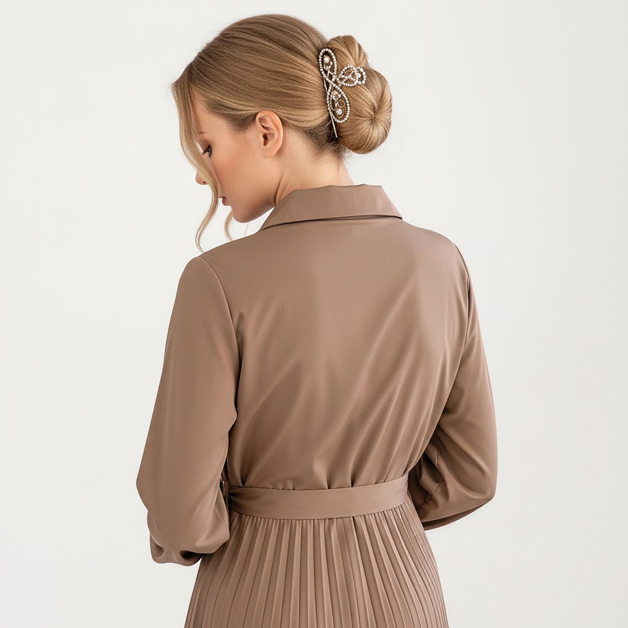 Anna-Kaci Women¡¯s Pleated Midi Dress with Button-Down Front, Long Sleeves, and Waist Tie for a Feminine and Flattering Silhouette