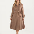 Anna-Kaci Women¡¯s Pleated Midi Dress with Button-Down Front, Long Sleeves, and Waist Tie for a Feminine and Flattering Silhouette