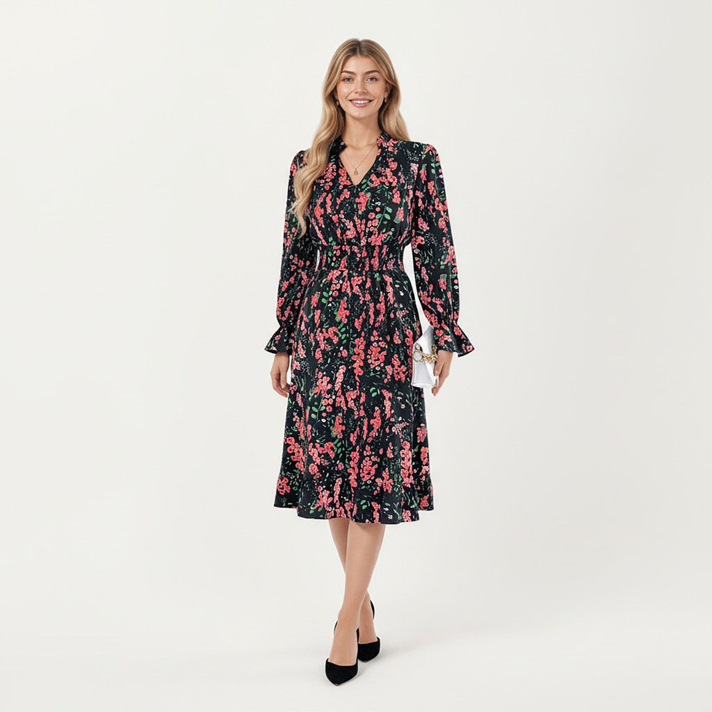 Anna-Kaci Women¡¯s Floral Print Smocked Waist Dress with Long Sleeves, V-Neckline, and Ruffled Hem for a Feminine and Flattering Fit
