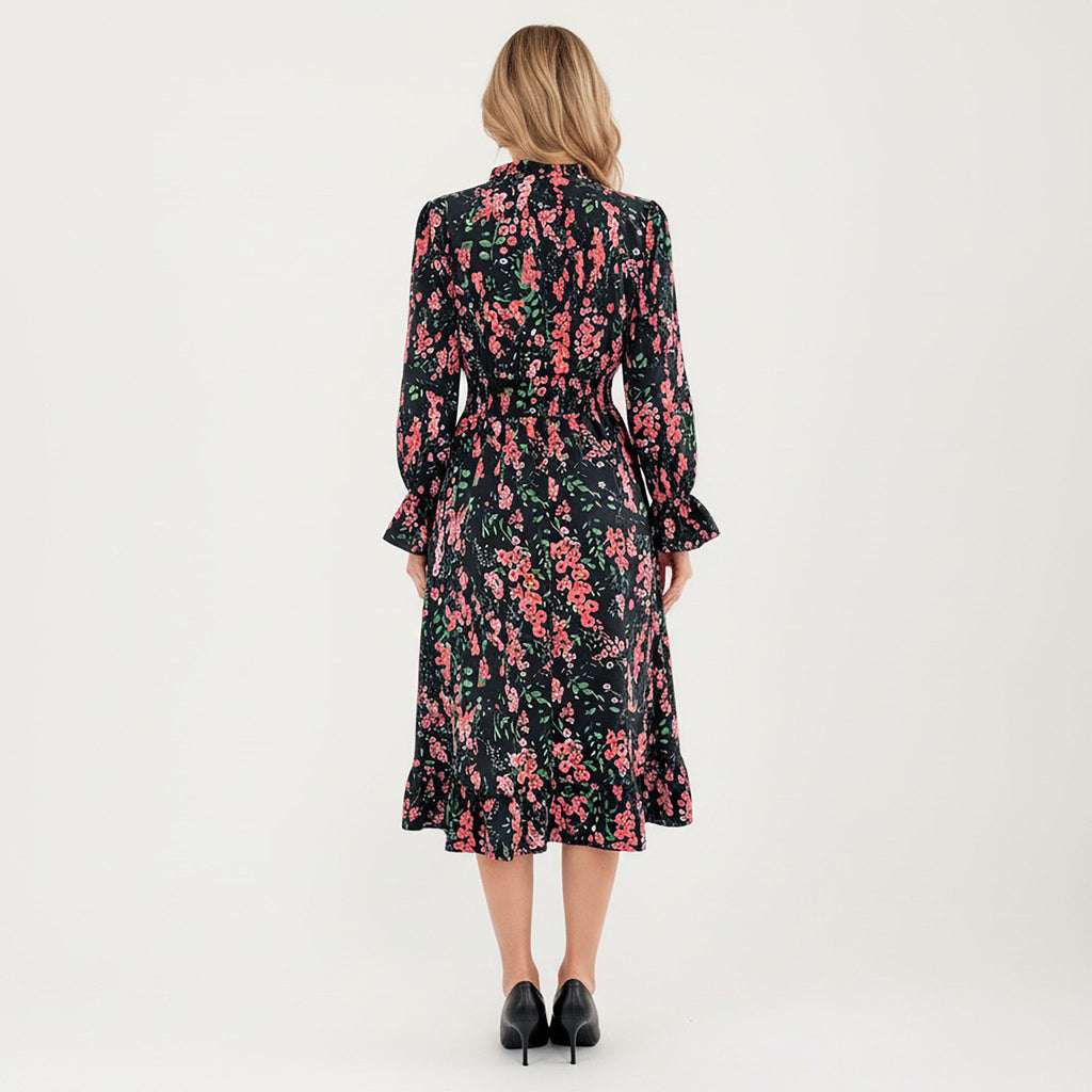 Anna-Kaci Women¡¯s Floral Print Smocked Waist Dress with Long Sleeves, V-Neckline, and Ruffled Hem for a Feminine and Flattering Fit