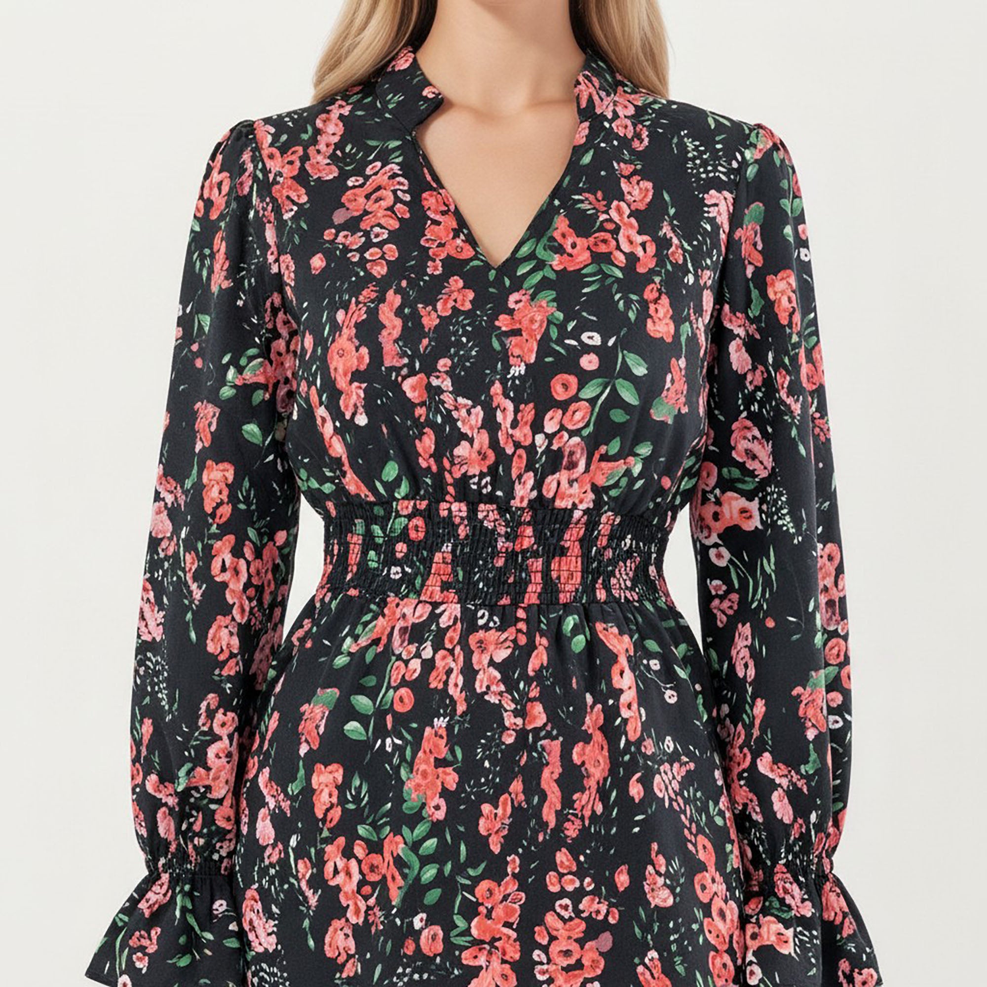 Anna-Kaci Women¡¯s Floral Print Smocked Waist Dress with Long Sleeves, V-Neckline, and Ruffled Hem for a Feminine and Flattering Fit