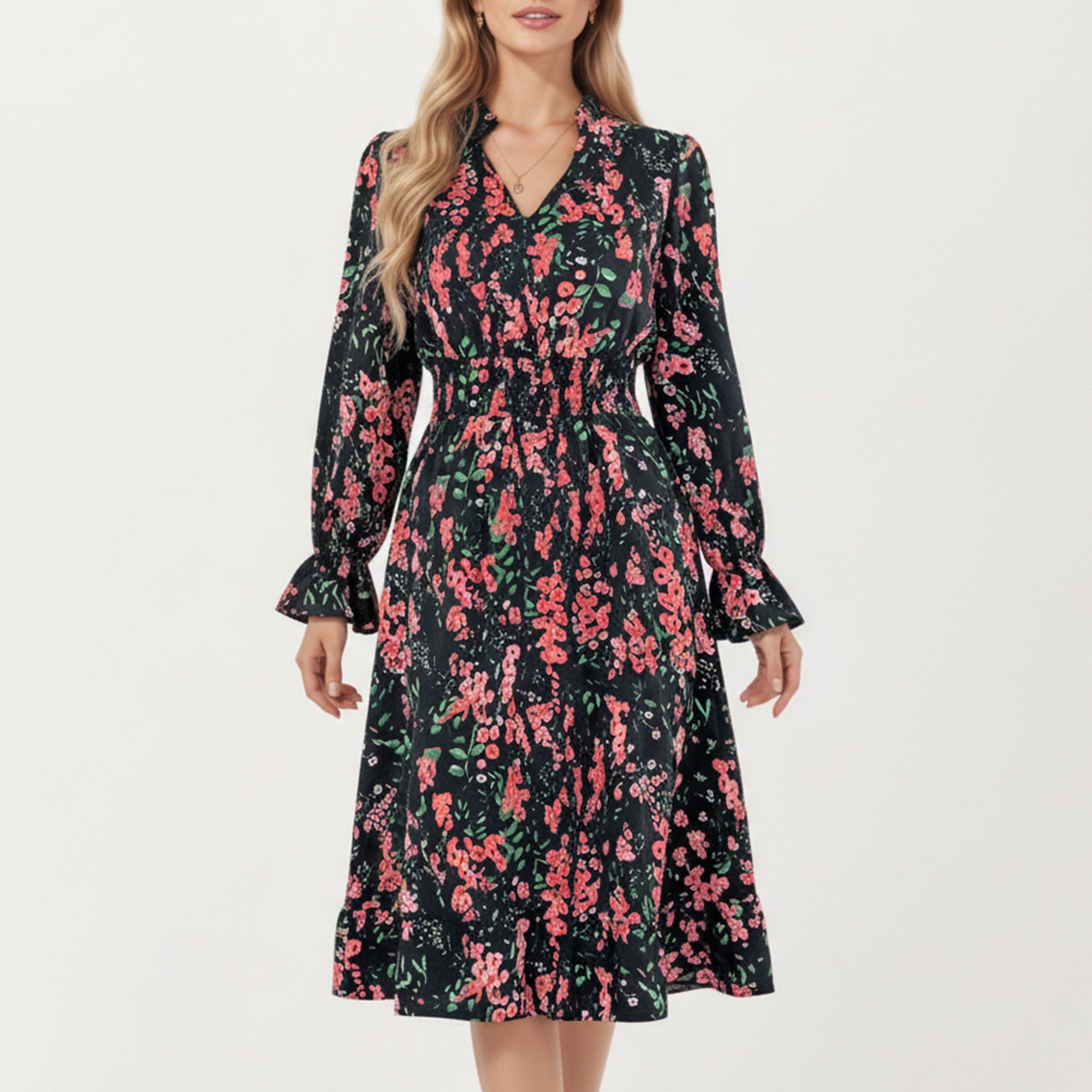 Anna-Kaci Women¡¯s Floral Print Smocked Waist Dress with Long Sleeves, V-Neckline, and Ruffled Hem for a Feminine and Flattering Fit