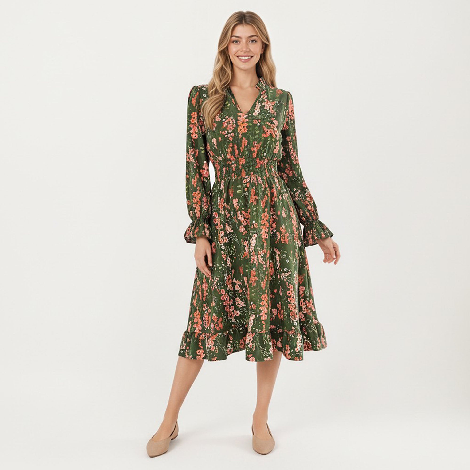 Anna-Kaci Women¡¯s Floral Print Smocked Waist Dress with Long Sleeves, V-Neckline, and Ruffled Hem for a Feminine and Flattering Fit