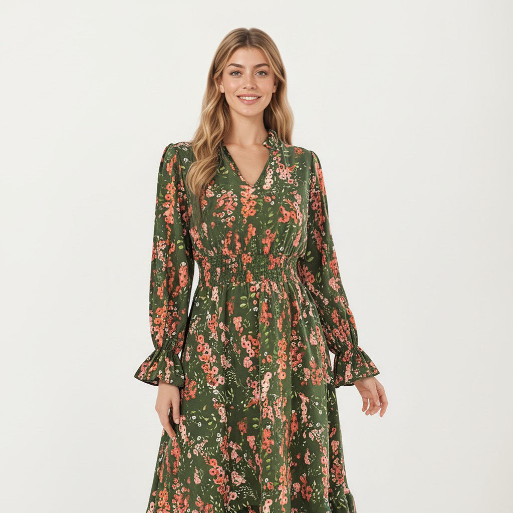 Anna-Kaci Women¡¯s Floral Print Smocked Waist Dress with Long Sleeves, V-Neckline, and Ruffled Hem for a Feminine and Flattering Fit
