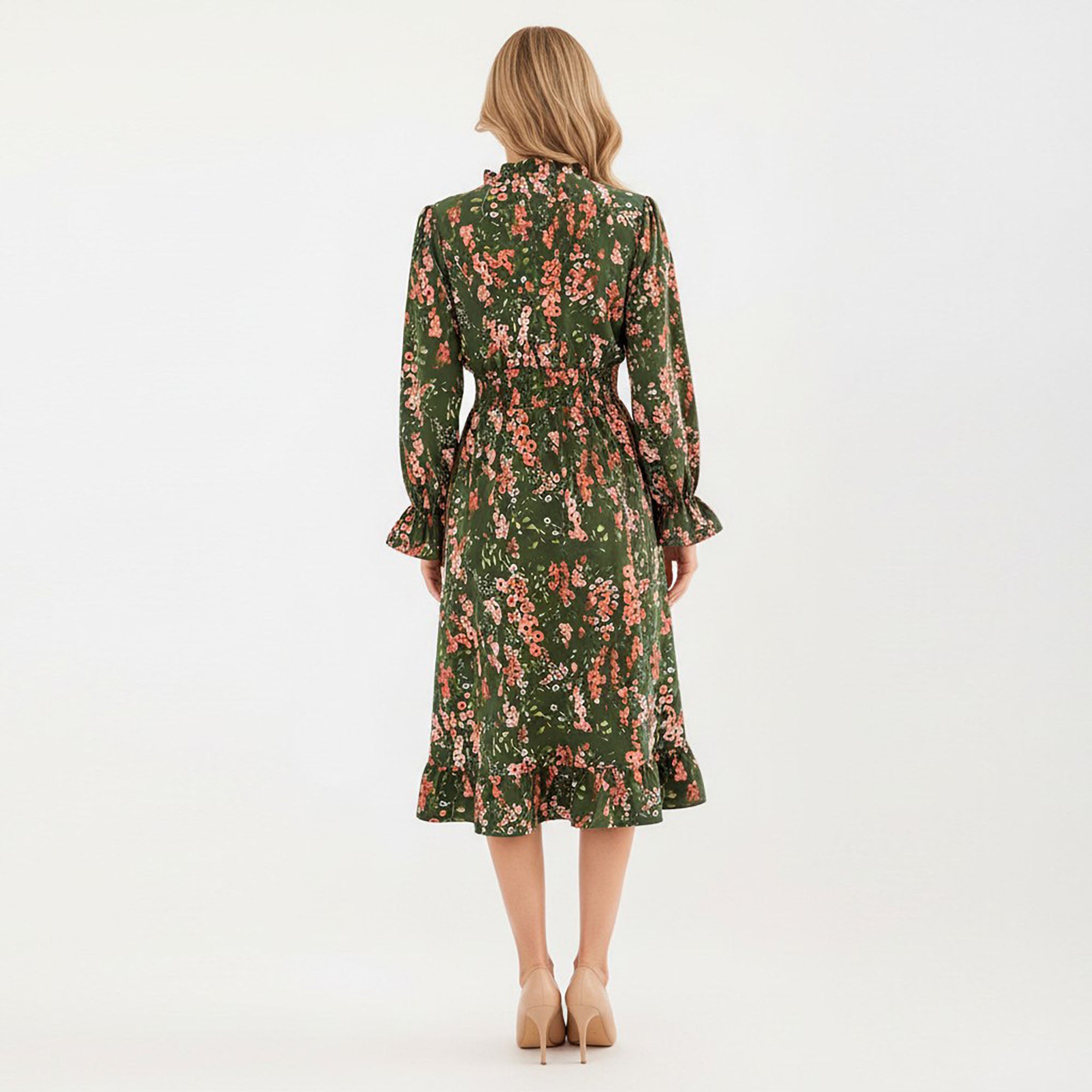 Anna-Kaci Women¡¯s Floral Print Smocked Waist Dress with Long Sleeves, V-Neckline, and Ruffled Hem for a Feminine and Flattering Fit