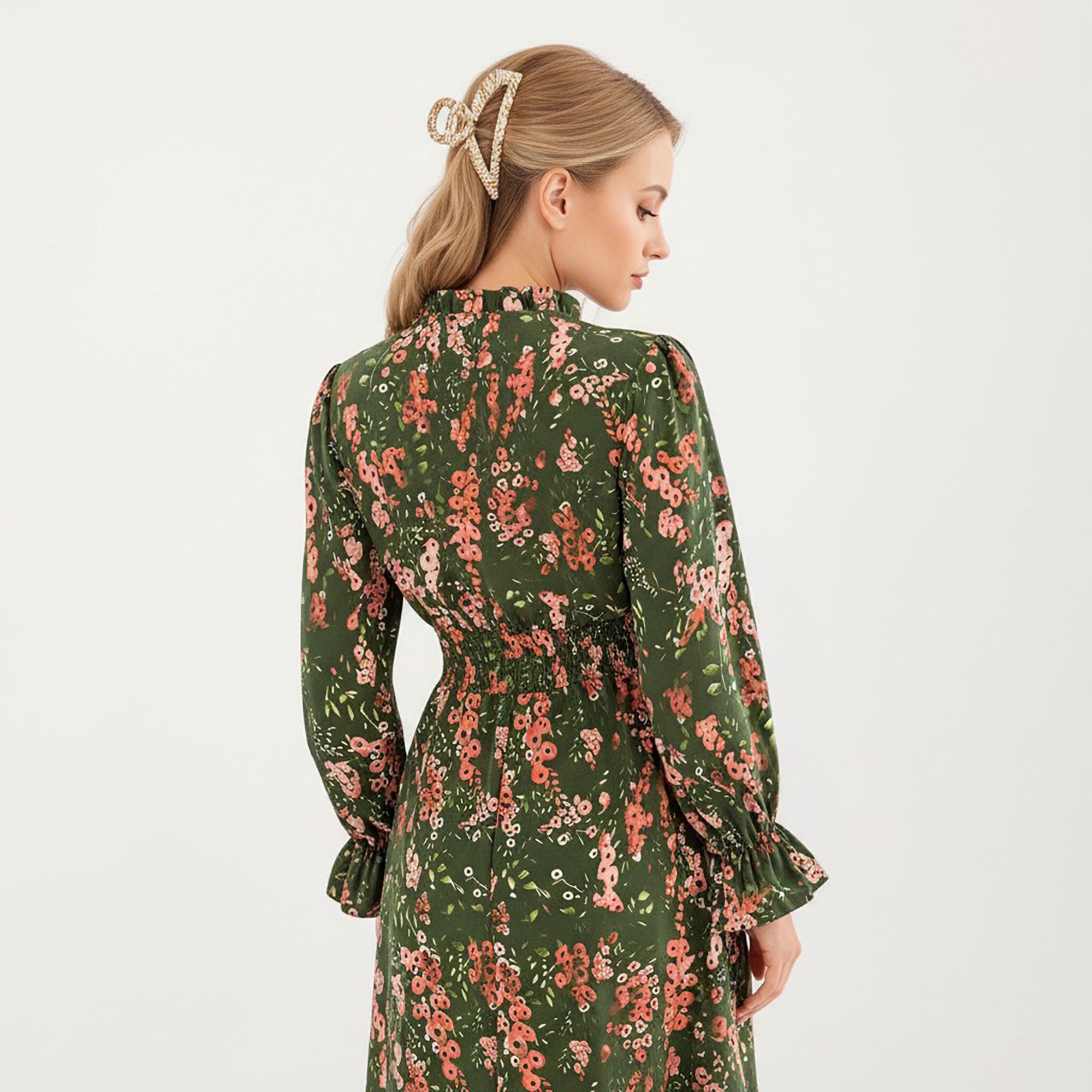 Anna-Kaci Women¡¯s Floral Print Smocked Waist Dress with Long Sleeves, V-Neckline, and Ruffled Hem for a Feminine and Flattering Fit