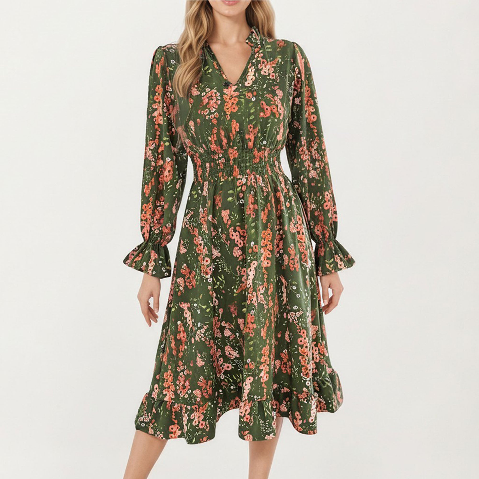 Anna-Kaci Women¡¯s Floral Print Smocked Waist Dress with Long Sleeves, V-Neckline, and Ruffled Hem for a Feminine and Flattering Fit