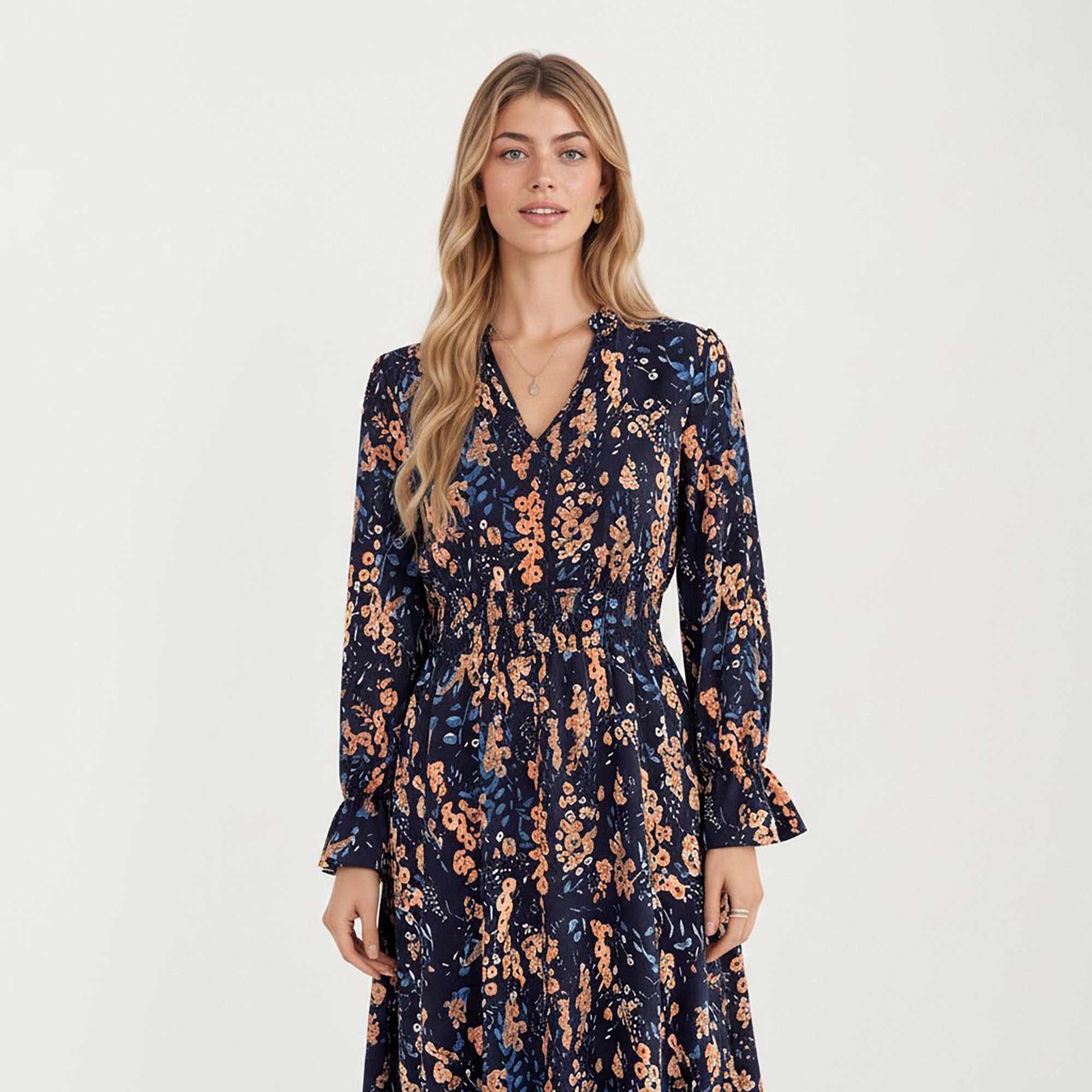 Anna-Kaci Women¡¯s Floral Print Smocked Waist Dress with Long Sleeves, V-Neckline, and Ruffled Hem for a Feminine and Flattering Fit