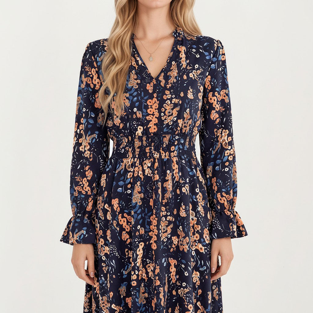 Anna-Kaci Women¡¯s Floral Print Smocked Waist Dress with Long Sleeves, V-Neckline, and Ruffled Hem for a Feminine and Flattering Fit