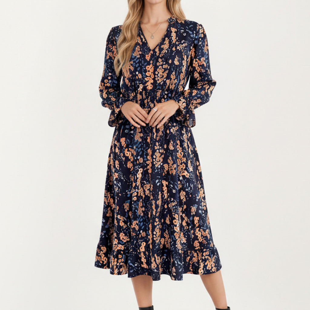 Anna-Kaci Women¡¯s Floral Print Smocked Waist Dress with Long Sleeves, V-Neckline, and Ruffled Hem for a Feminine and Flattering Fit