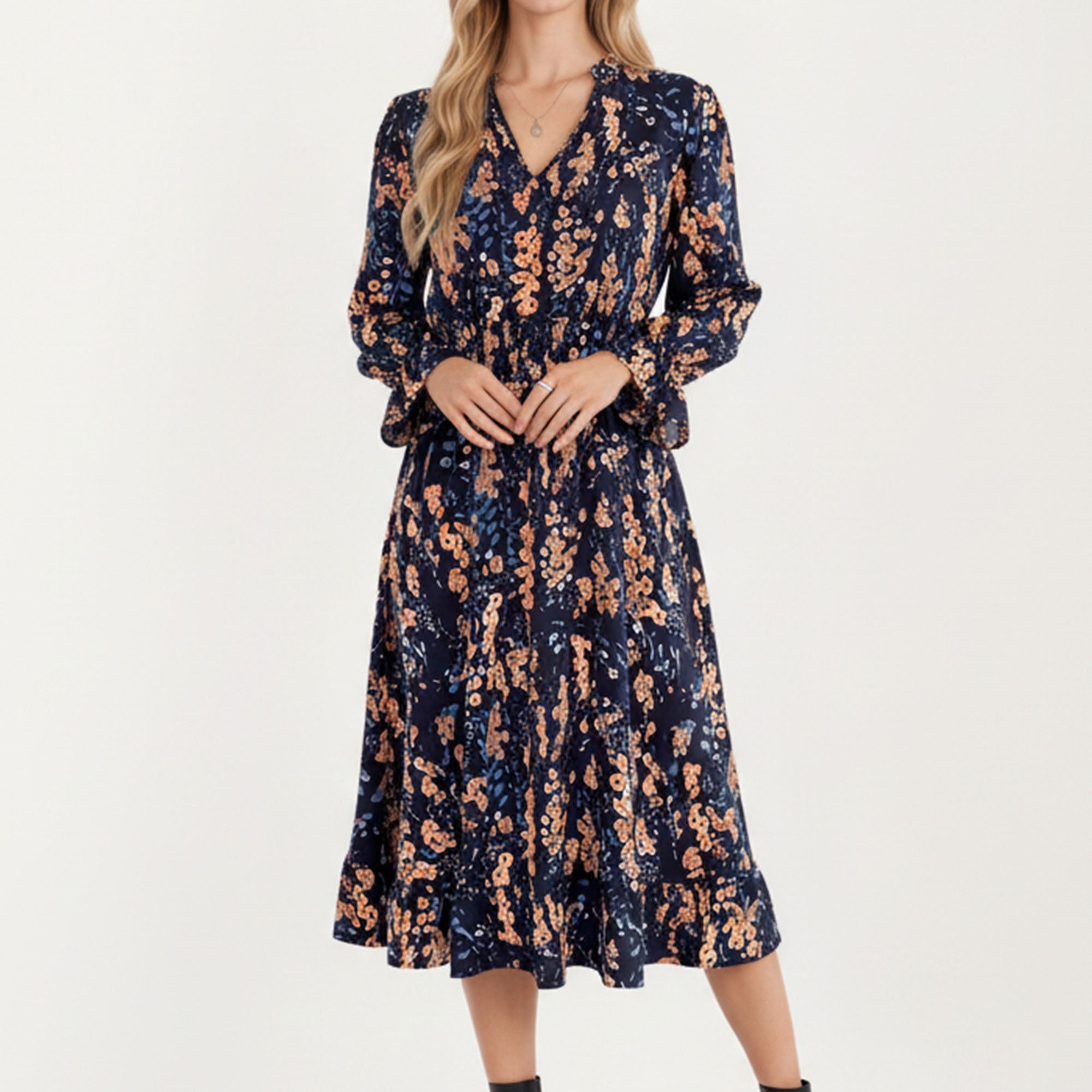 Anna-Kaci Women¡¯s Floral Print Smocked Waist Dress with Long Sleeves, V-Neckline, and Ruffled Hem for a Feminine and Flattering Fit