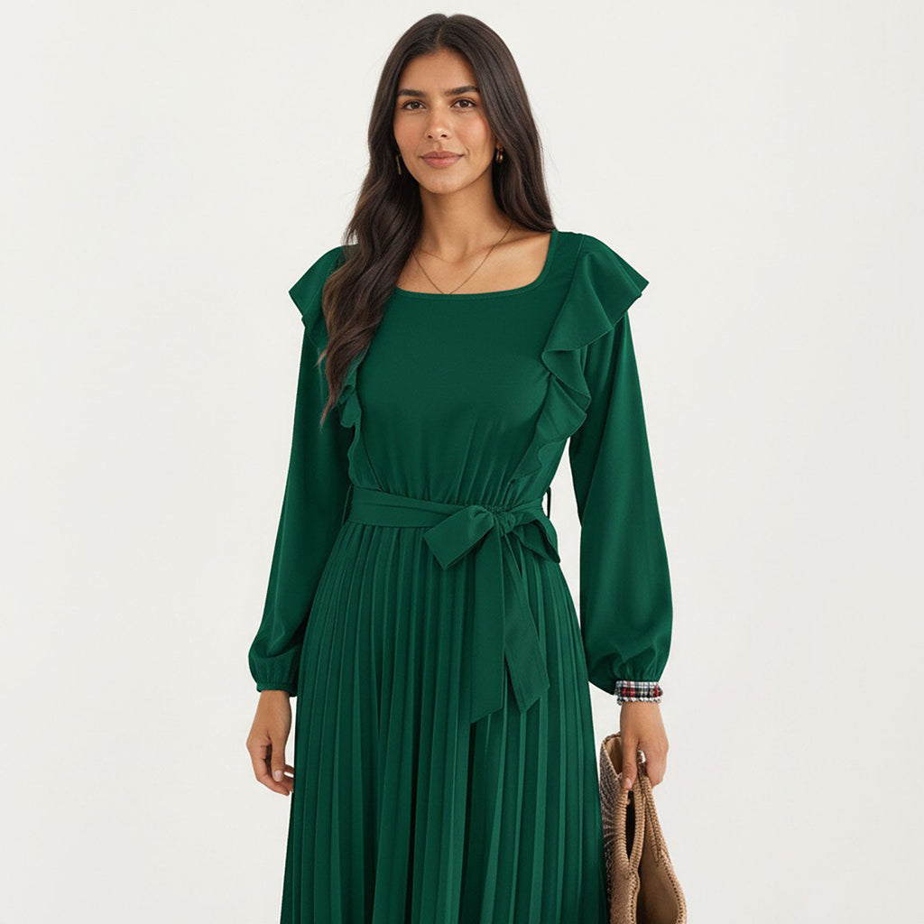 Anna-Kaci Women¡¯s Pleated Dress with Ruffled Shoulders, Waist Tie, and Long Sleeves for a Flattering Feminine Fit