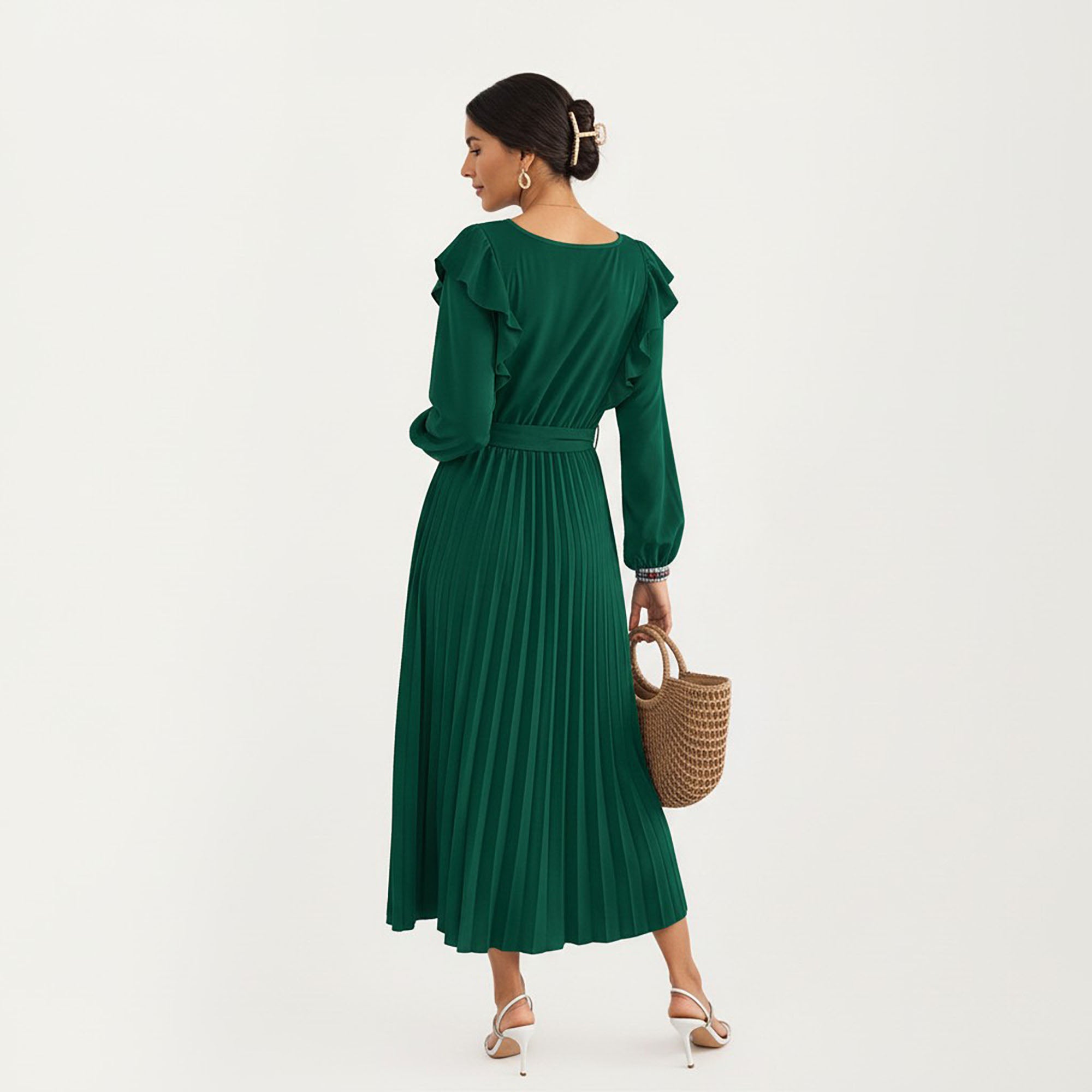 Anna-Kaci Women¡¯s Pleated Dress with Ruffled Shoulders, Waist Tie, and Long Sleeves for a Flattering Feminine Fit
