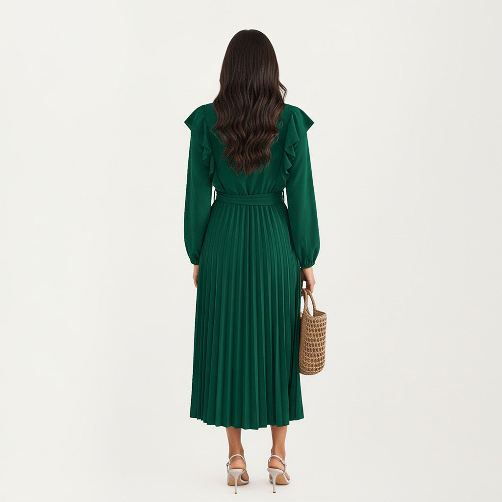 Anna-Kaci Women¡¯s Pleated Dress with Ruffled Shoulders, Waist Tie, and Long Sleeves for a Flattering Feminine Fit