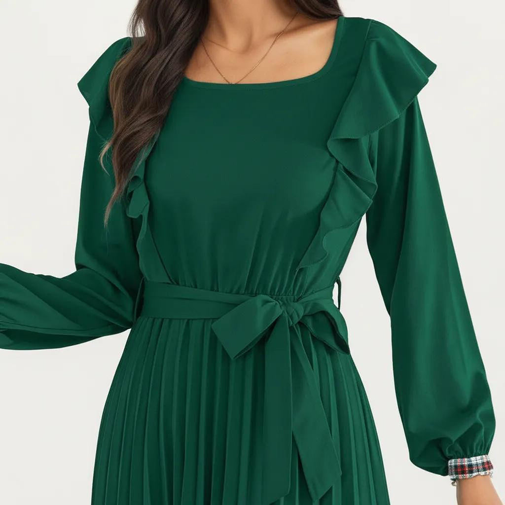 Anna-Kaci Women¡¯s Pleated Dress with Ruffled Shoulders, Waist Tie, and Long Sleeves for a Flattering Feminine Fit