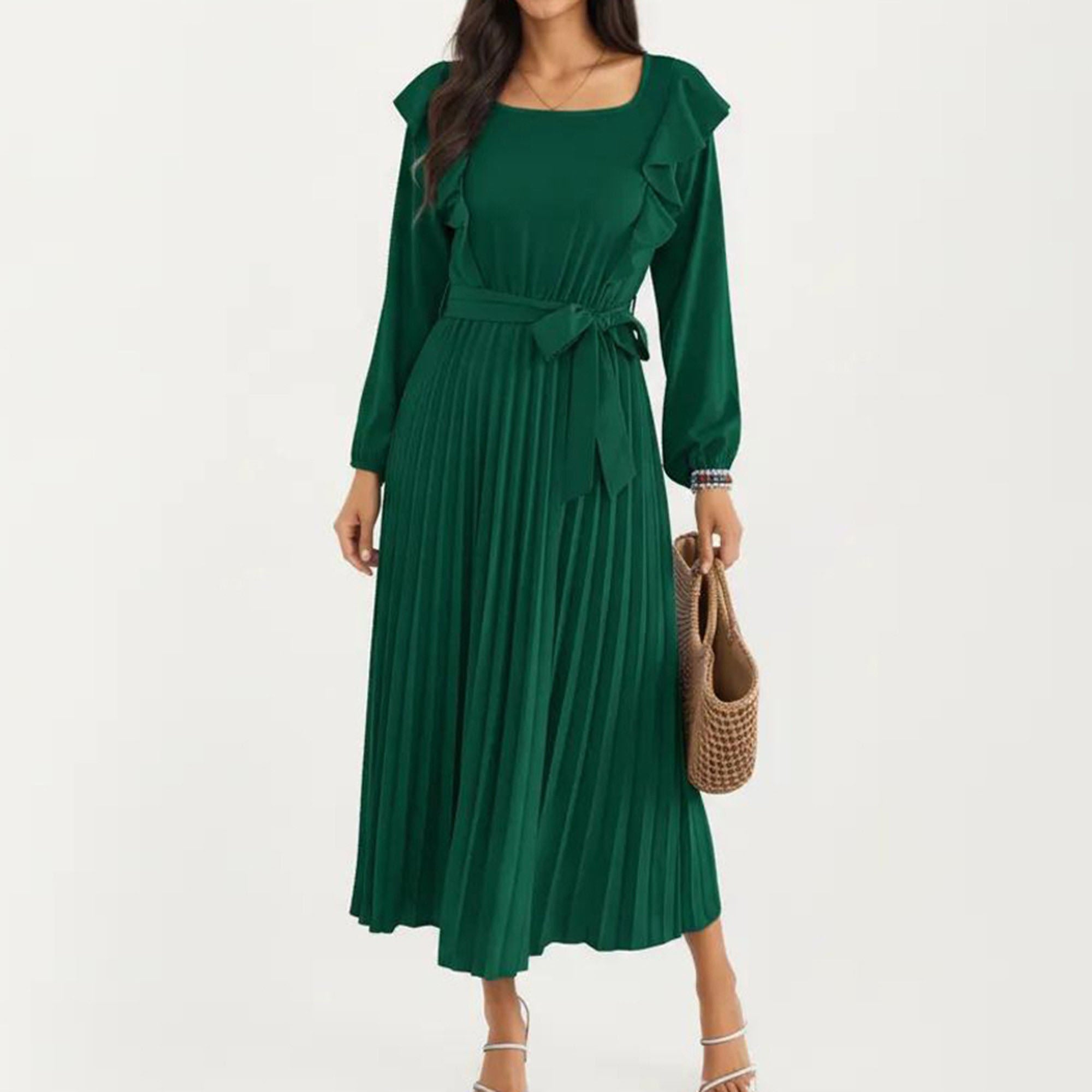 Anna-Kaci Women¡¯s Pleated Dress with Ruffled Shoulders, Waist Tie, and Long Sleeves for a Flattering Feminine Fit