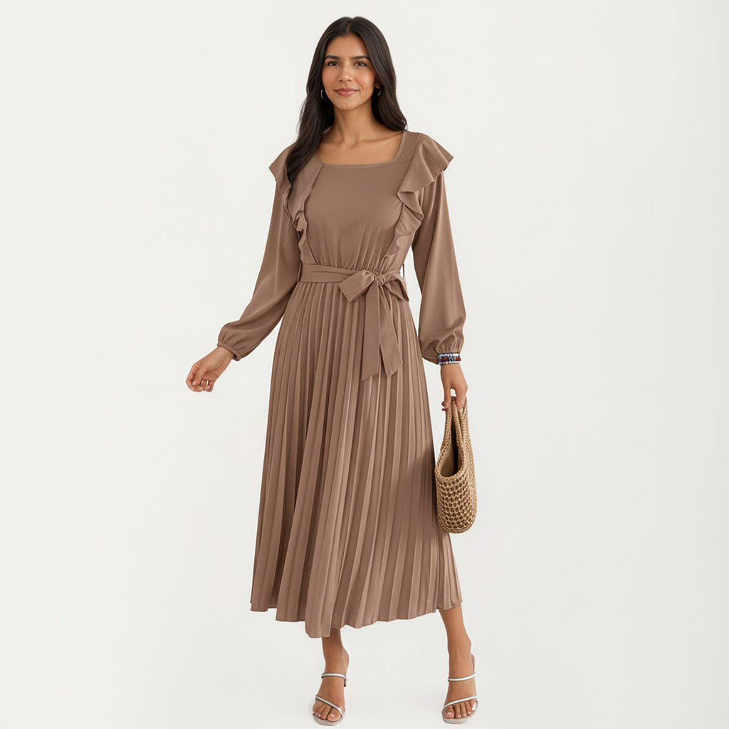 Anna-Kaci Women¡¯s Pleated Dress with Ruffled Shoulders, Waist Tie, and Long Sleeves for a Flattering Feminine Fit