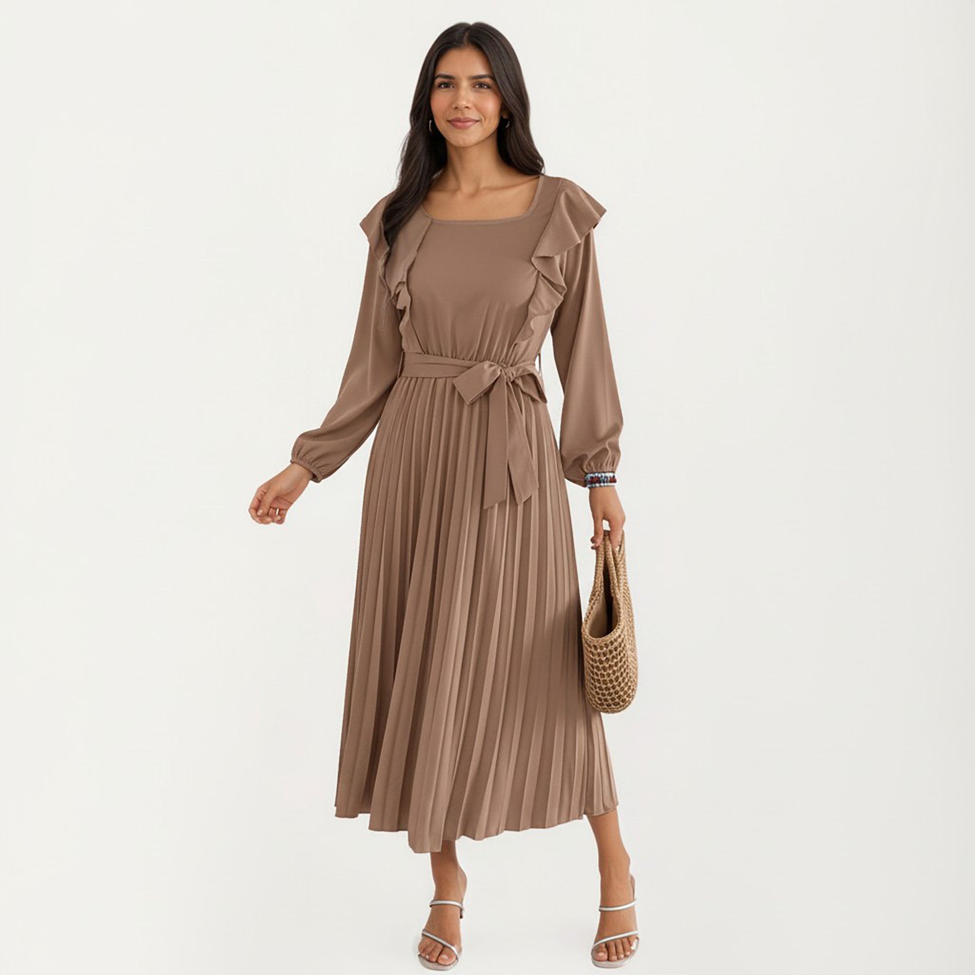 Anna-Kaci Women¡¯s Pleated Dress with Ruffled Shoulders, Waist Tie, and Long Sleeves for a Flattering Feminine Fit