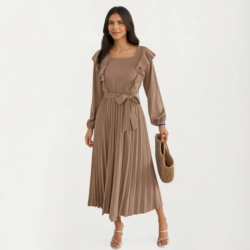 Anna-Kaci Women¡¯s Pleated Dress with Ruffled Shoulders, Waist Tie, and Long Sleeves for a Flattering Feminine Fit