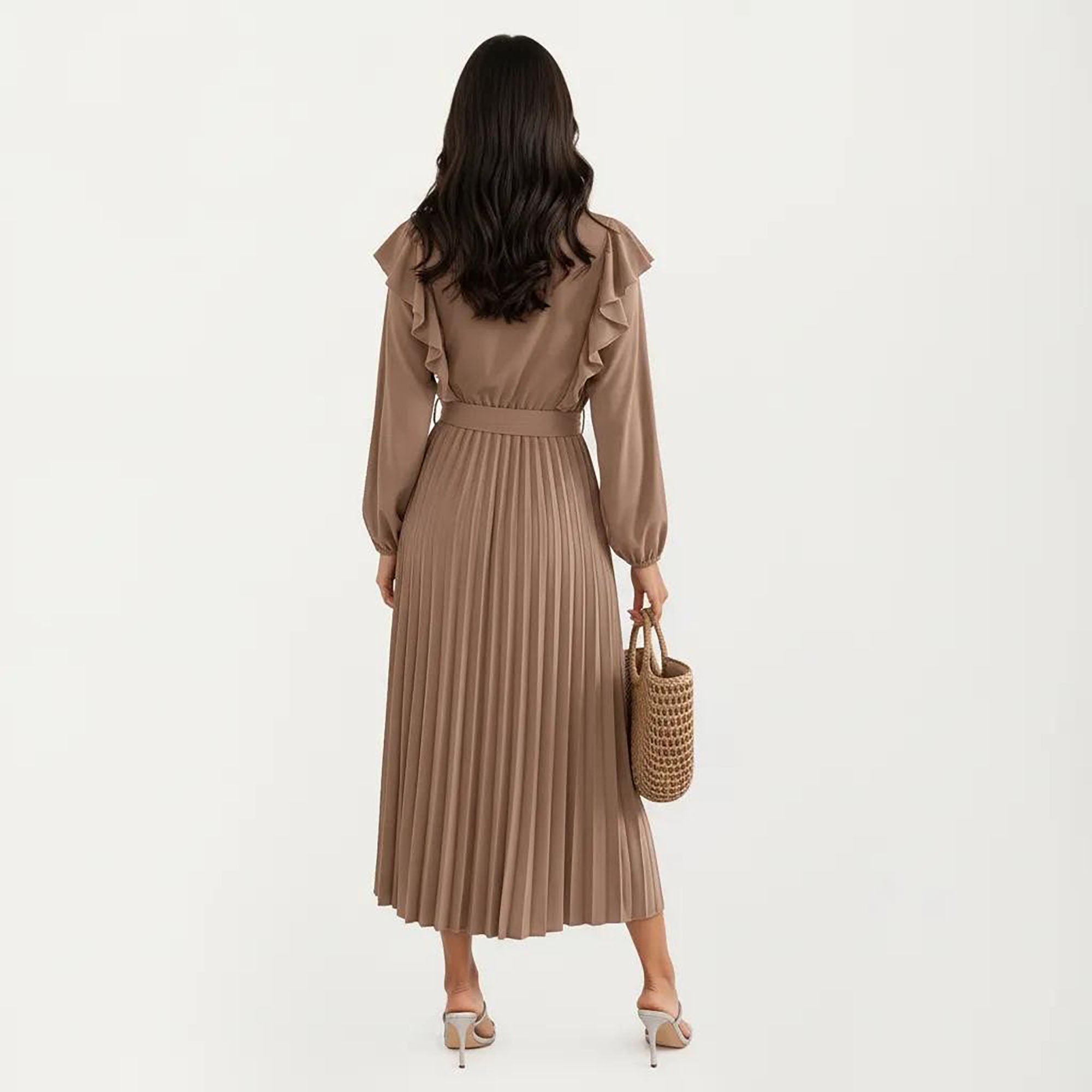 Anna-Kaci Women¡¯s Pleated Dress with Ruffled Shoulders, Waist Tie, and Long Sleeves for a Flattering Feminine Fit