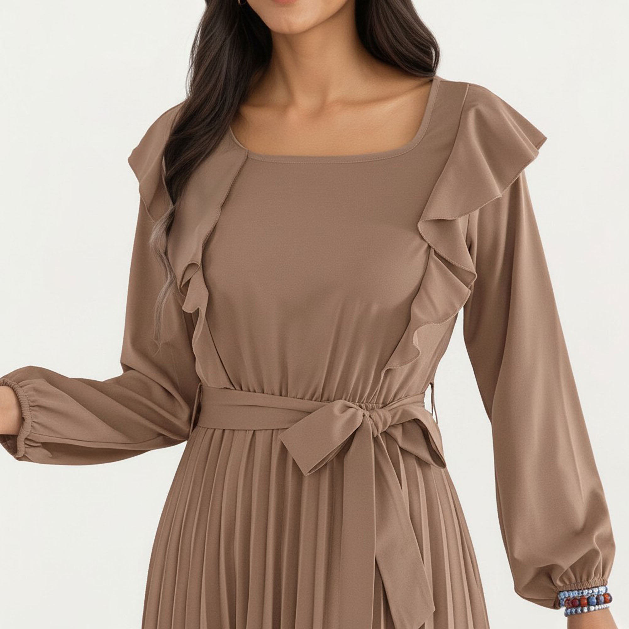 Anna-Kaci Women¡¯s Pleated Dress with Ruffled Shoulders, Waist Tie, and Long Sleeves for a Flattering Feminine Fit