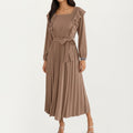 Anna-Kaci Women¡¯s Pleated Dress with Ruffled Shoulders, Waist Tie, and Long Sleeves for a Flattering Feminine Fit