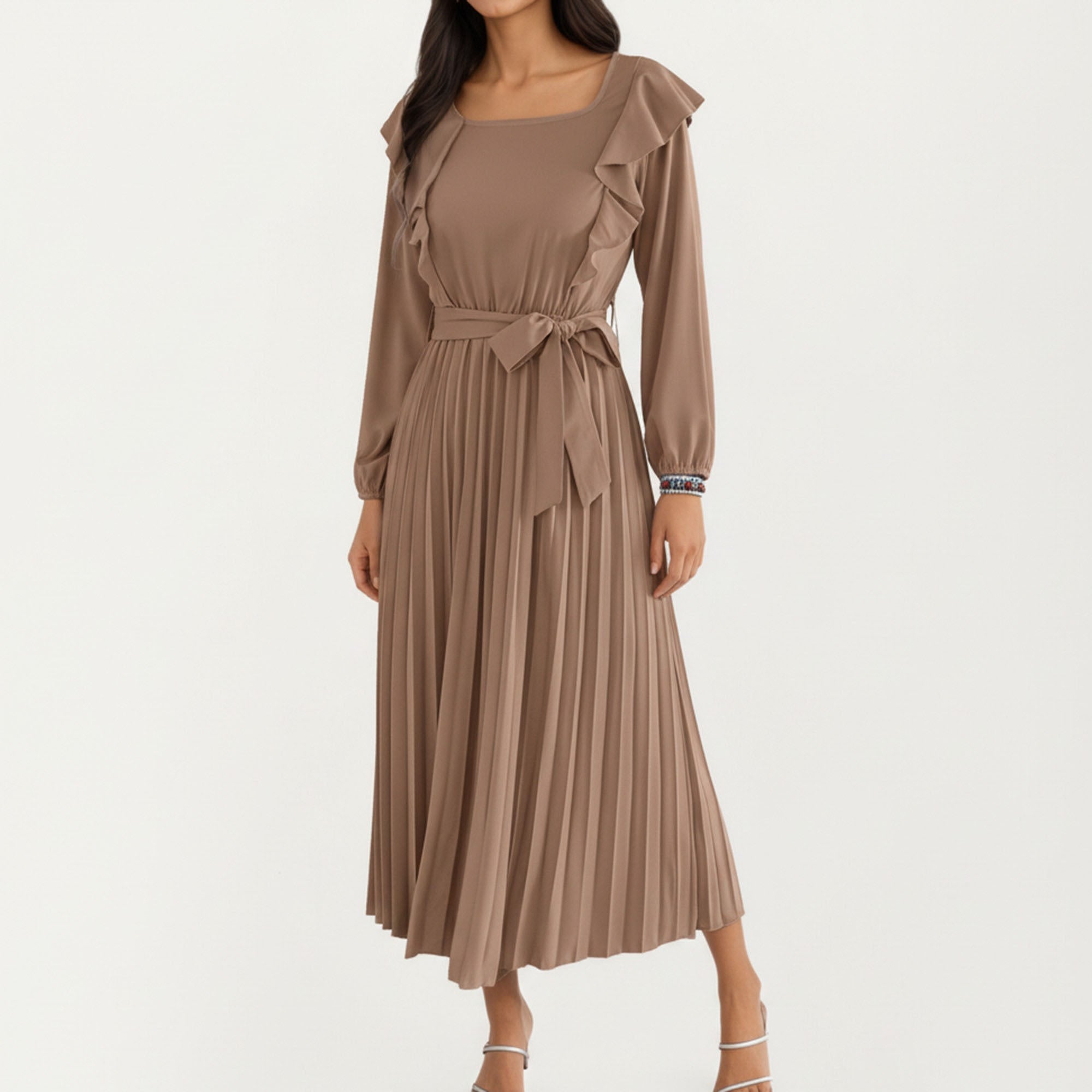 Anna-Kaci Women¡¯s Pleated Dress with Ruffled Shoulders, Waist Tie, and Long Sleeves for a Flattering Feminine Fit