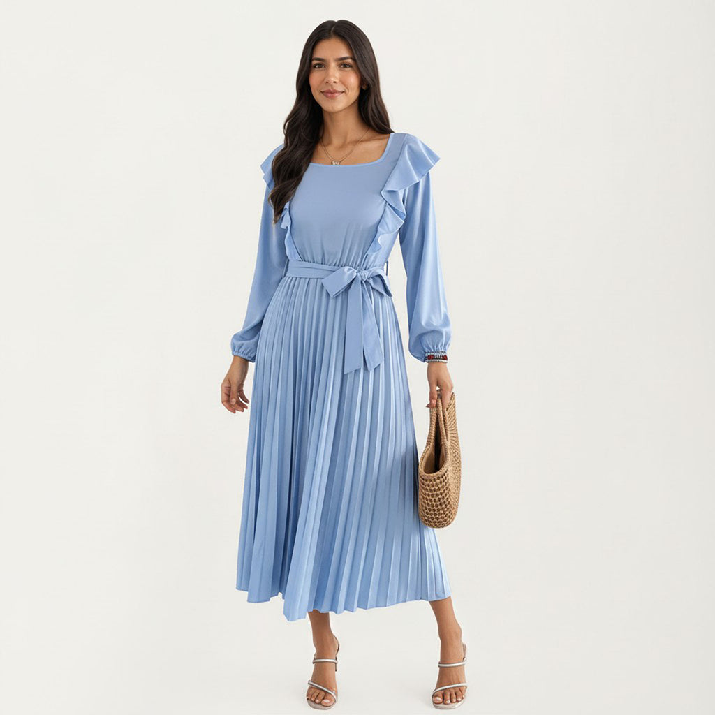 Anna-Kaci Women¡¯s Pleated Dress with Ruffled Shoulders, Waist Tie, and Long Sleeves for a Flattering Feminine Fit
