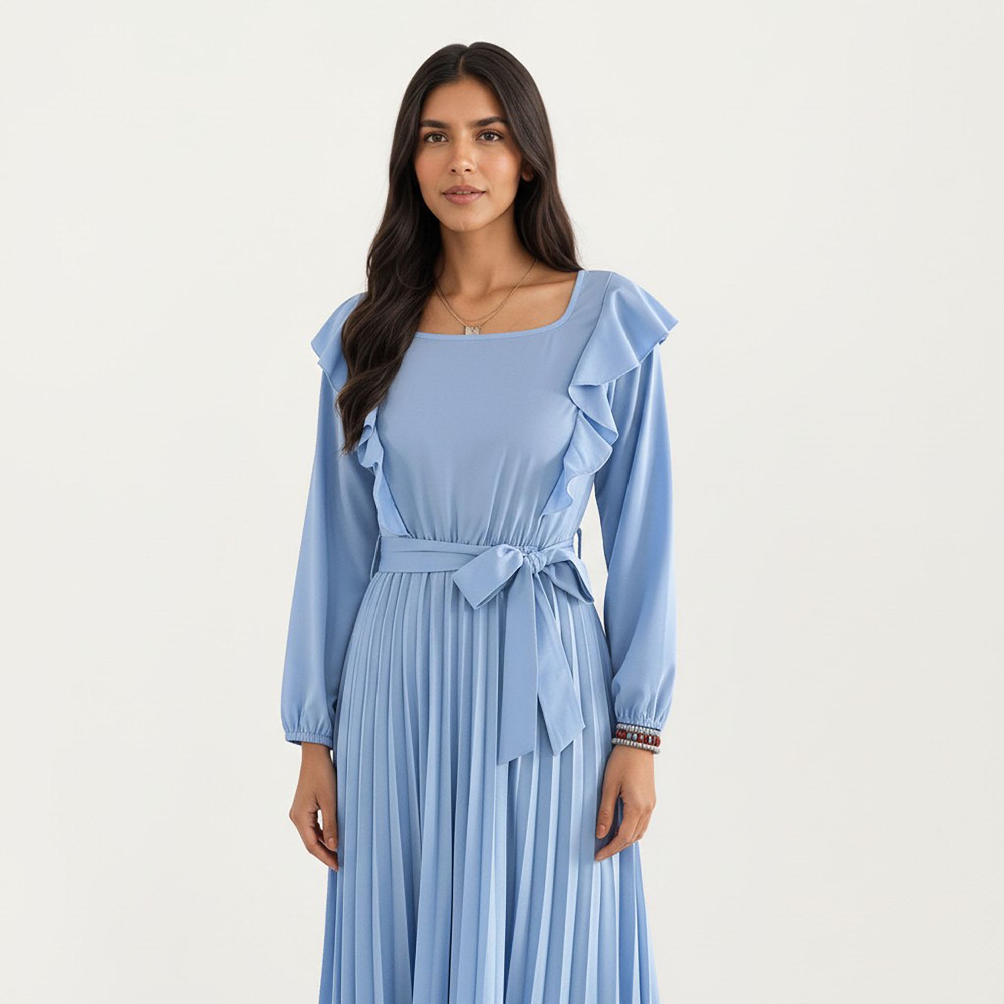 Anna-Kaci Women¡¯s Pleated Dress with Ruffled Shoulders, Waist Tie, and Long Sleeves for a Flattering Feminine Fit