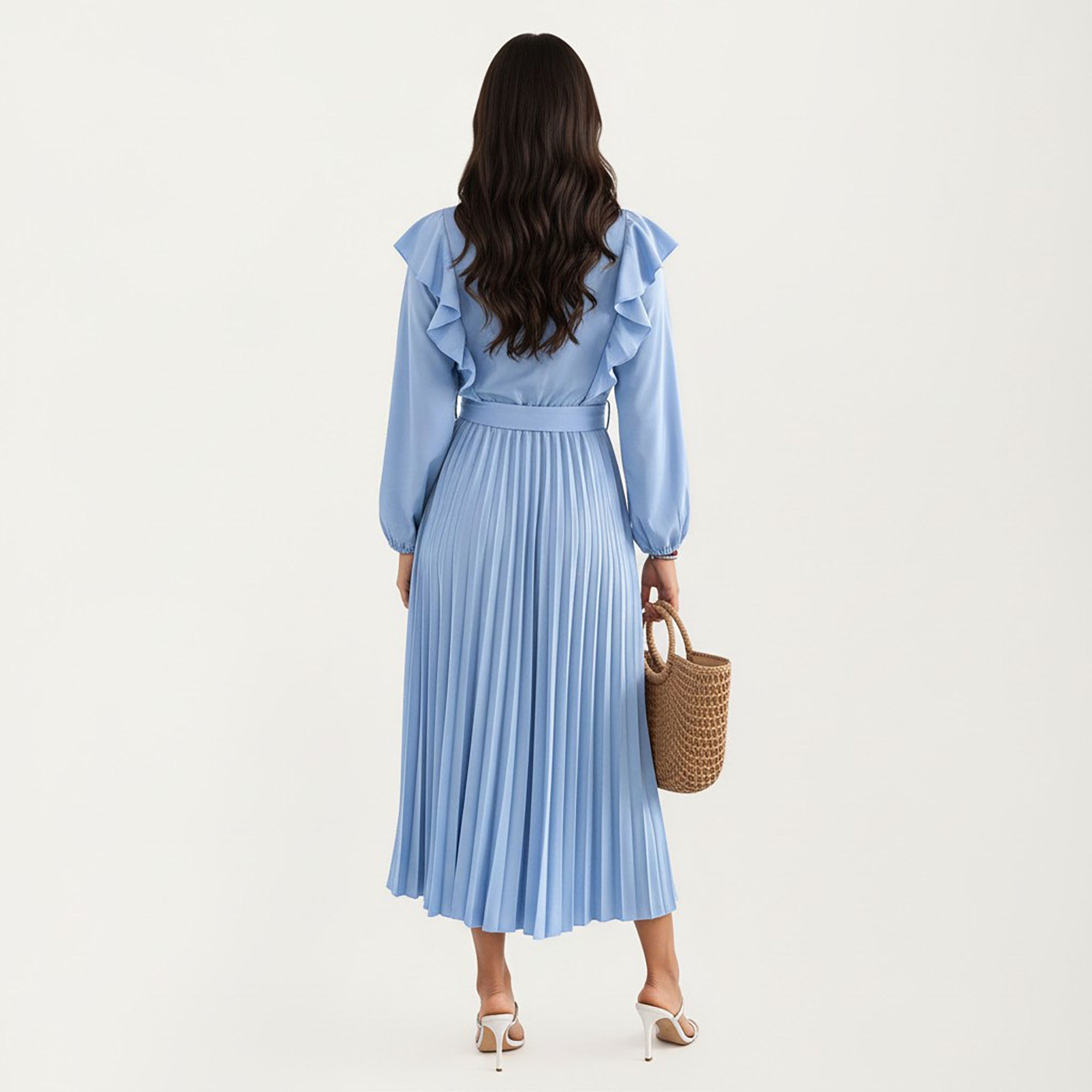 Anna-Kaci Women¡¯s Pleated Dress with Ruffled Shoulders, Waist Tie, and Long Sleeves for a Flattering Feminine Fit