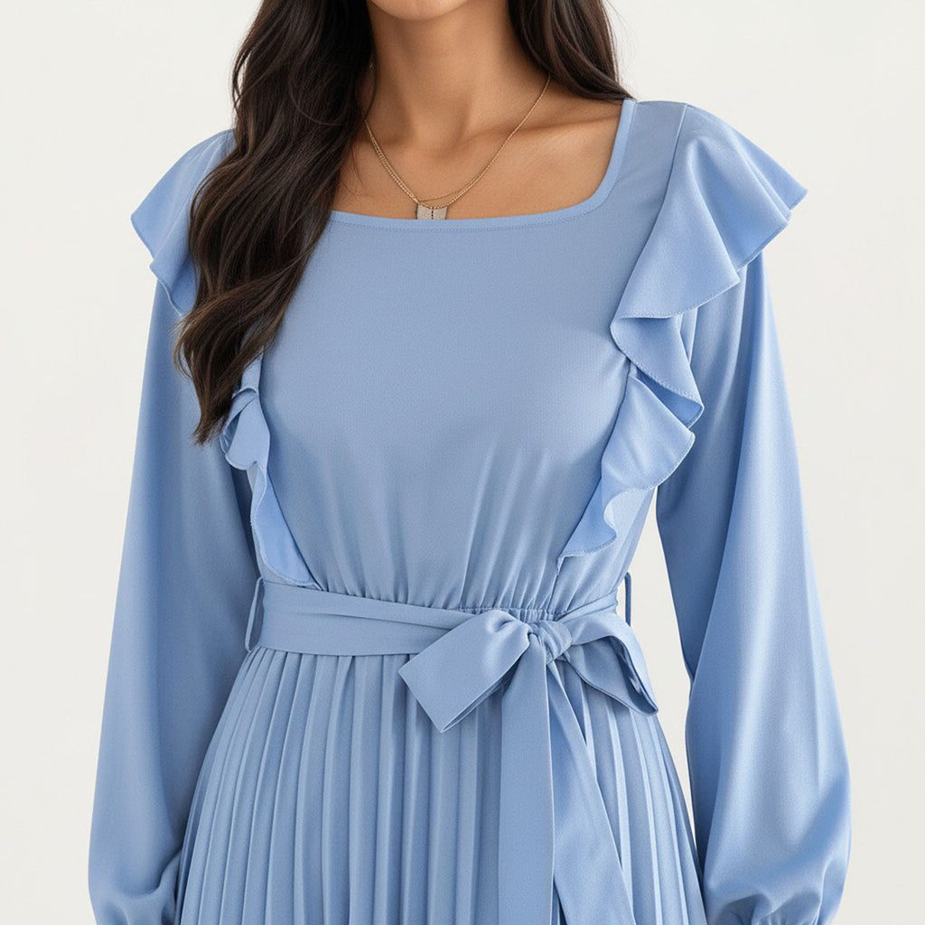 Anna-Kaci Women¡¯s Pleated Dress with Ruffled Shoulders, Waist Tie, and Long Sleeves for a Flattering Feminine Fit