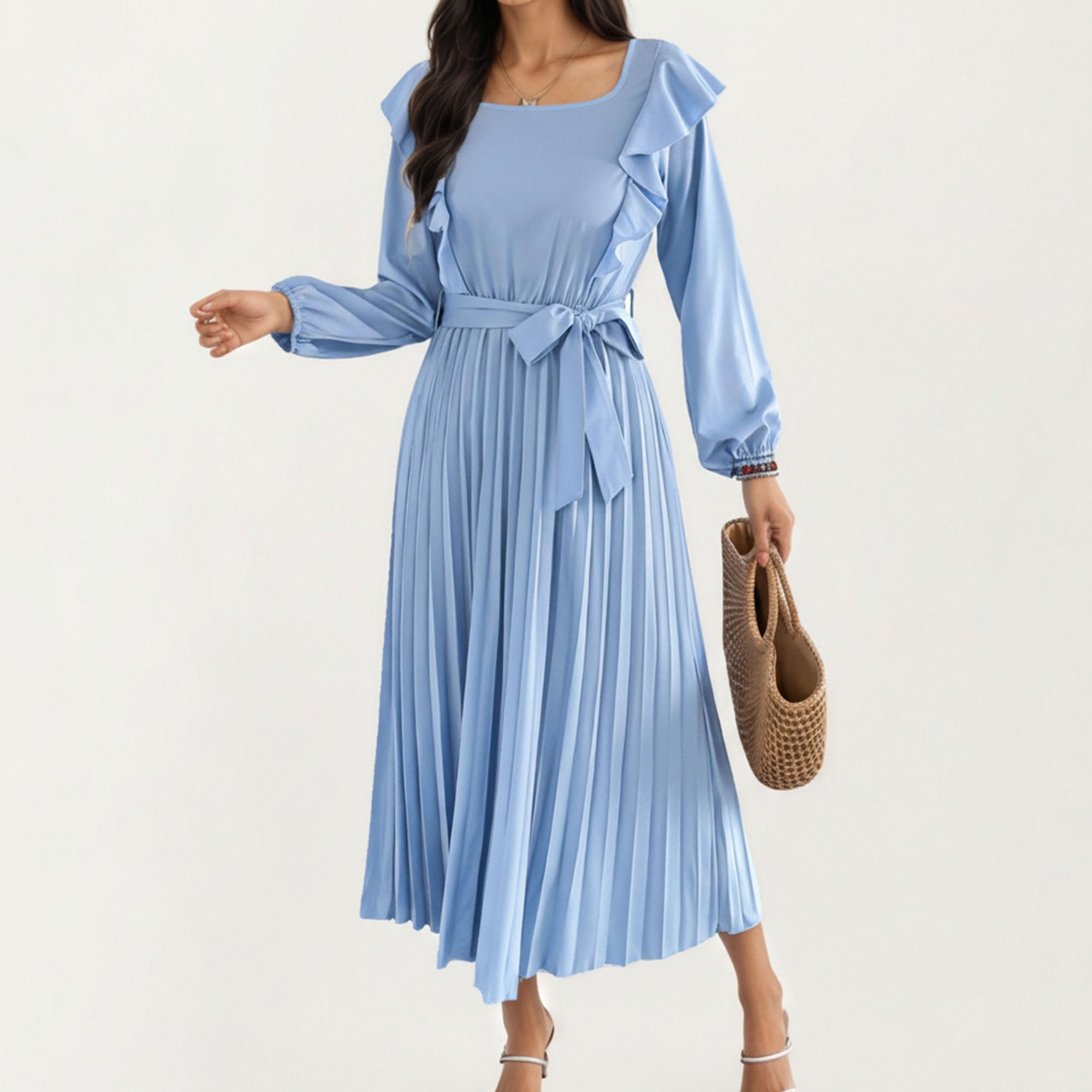Anna-Kaci Women¡¯s Pleated Dress with Ruffled Shoulders, Waist Tie, and Long Sleeves for a Flattering Feminine Fit