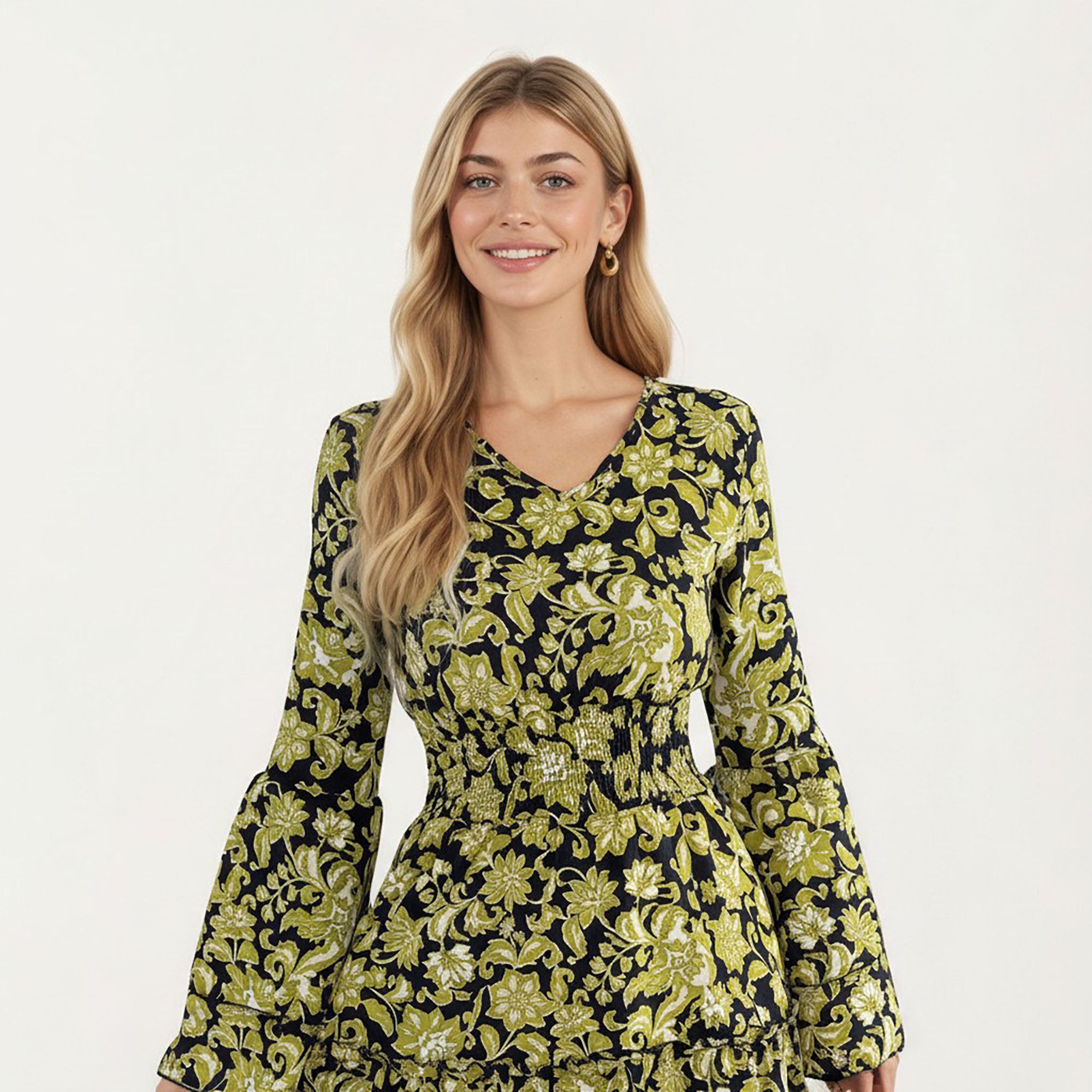 Anna-Kaci Women¡¯s Floral V-Neck Dress with Bell Sleeves and Tiered Skirt for a Flattering Fit and Elegant Style