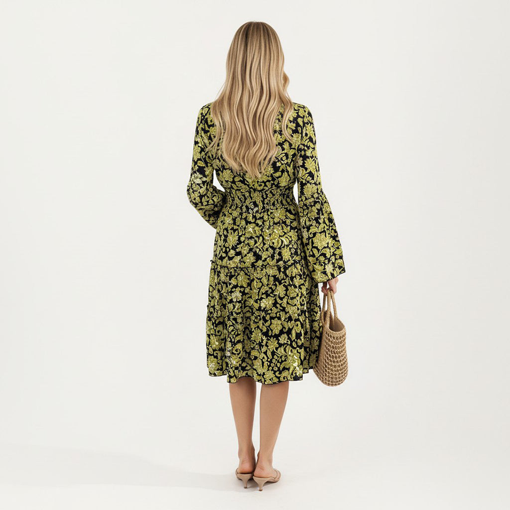 Anna-Kaci Women¡¯s Floral V-Neck Dress with Bell Sleeves and Tiered Skirt for a Flattering Fit and Elegant Style