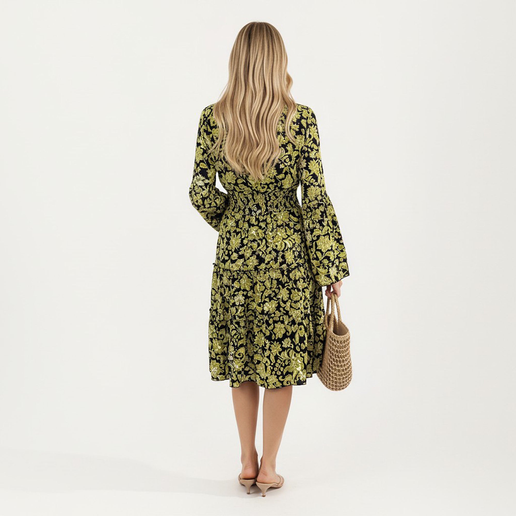Anna-Kaci Women¡¯s Floral V-Neck Dress with Bell Sleeves and Tiered Skirt for a Flattering Fit and Elegant Style