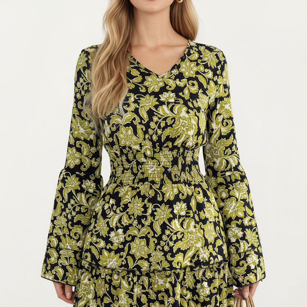 Anna-Kaci Women¡¯s Floral V-Neck Dress with Bell Sleeves and Tiered Skirt for a Flattering Fit and Elegant Style