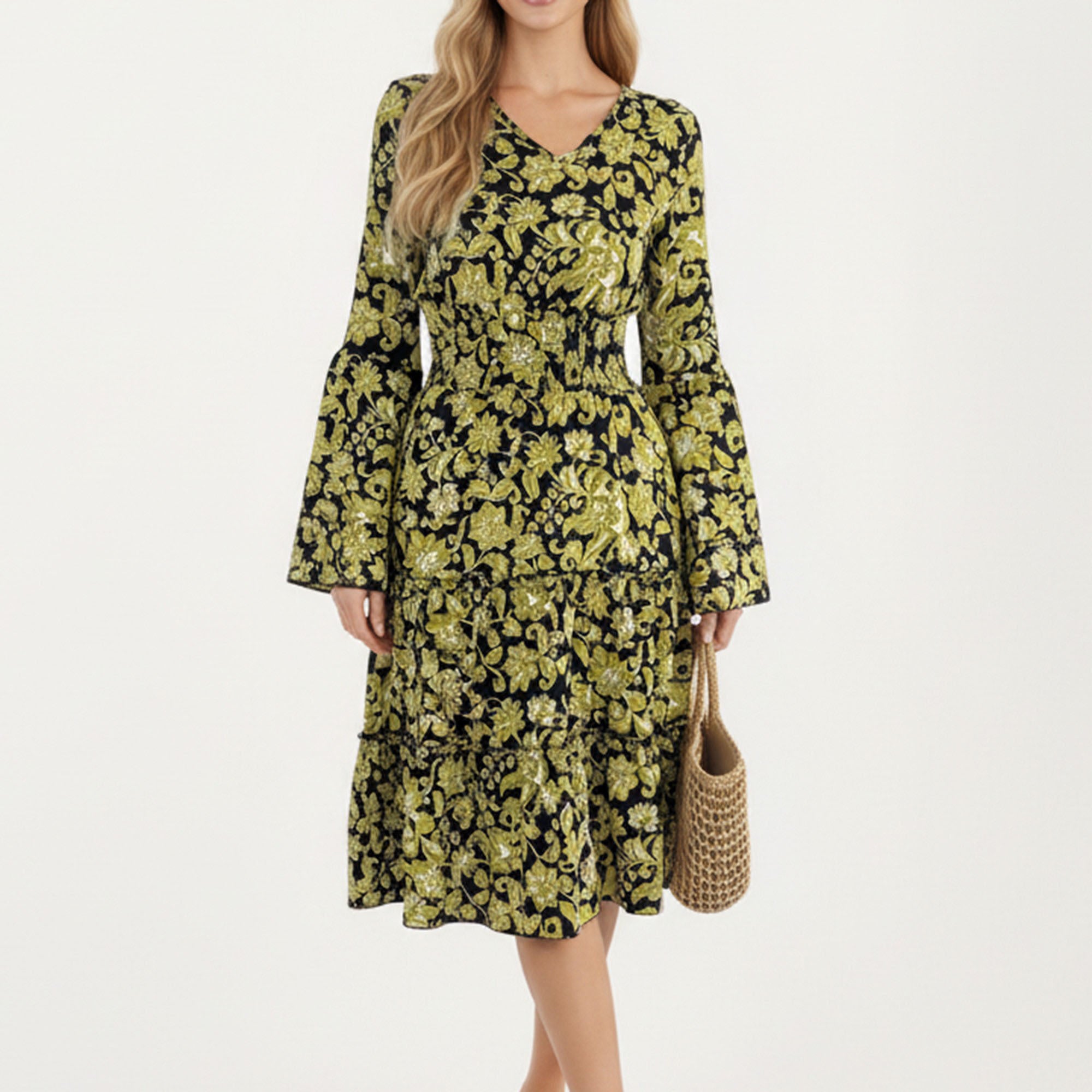 Anna-Kaci Women¡¯s Floral V-Neck Dress with Bell Sleeves and Tiered Skirt for a Flattering Fit and Elegant Style
