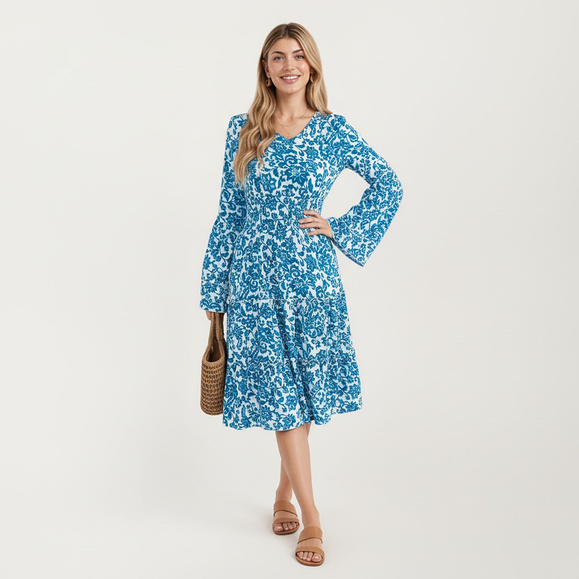 Anna-Kaci Women¡¯s Floral V-Neck Dress with Bell Sleeves and Tiered Skirt for a Flattering Fit and Elegant Style