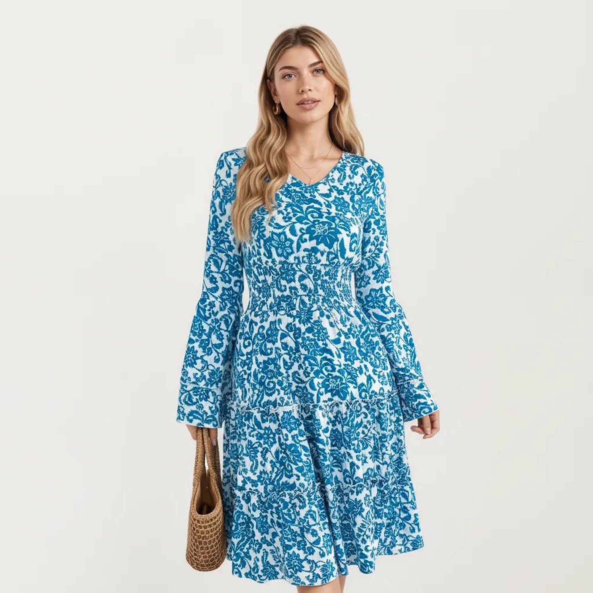 Anna-Kaci Women¡¯s Floral V-Neck Dress with Bell Sleeves and Tiered Skirt for a Flattering Fit and Elegant Style