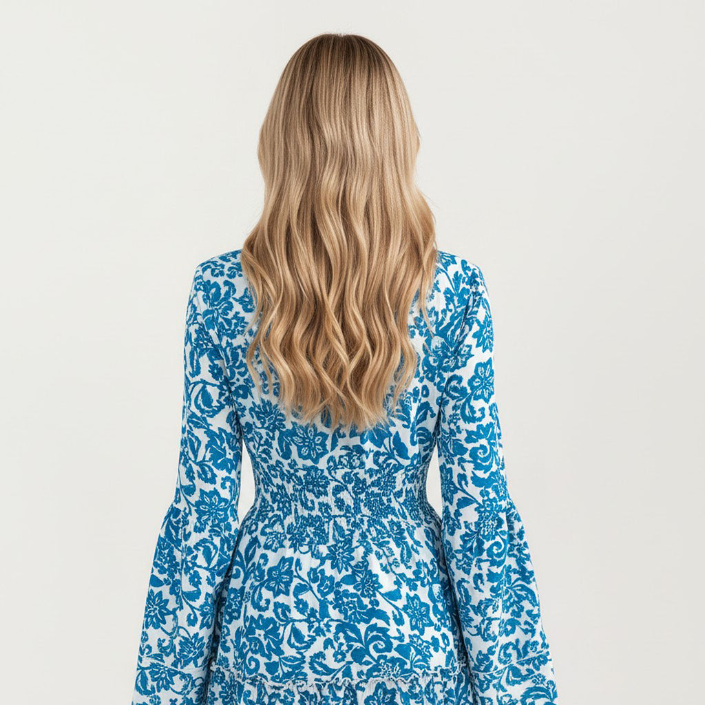 Anna-Kaci Women¡¯s Floral V-Neck Dress with Bell Sleeves and Tiered Skirt for a Flattering Fit and Elegant Style