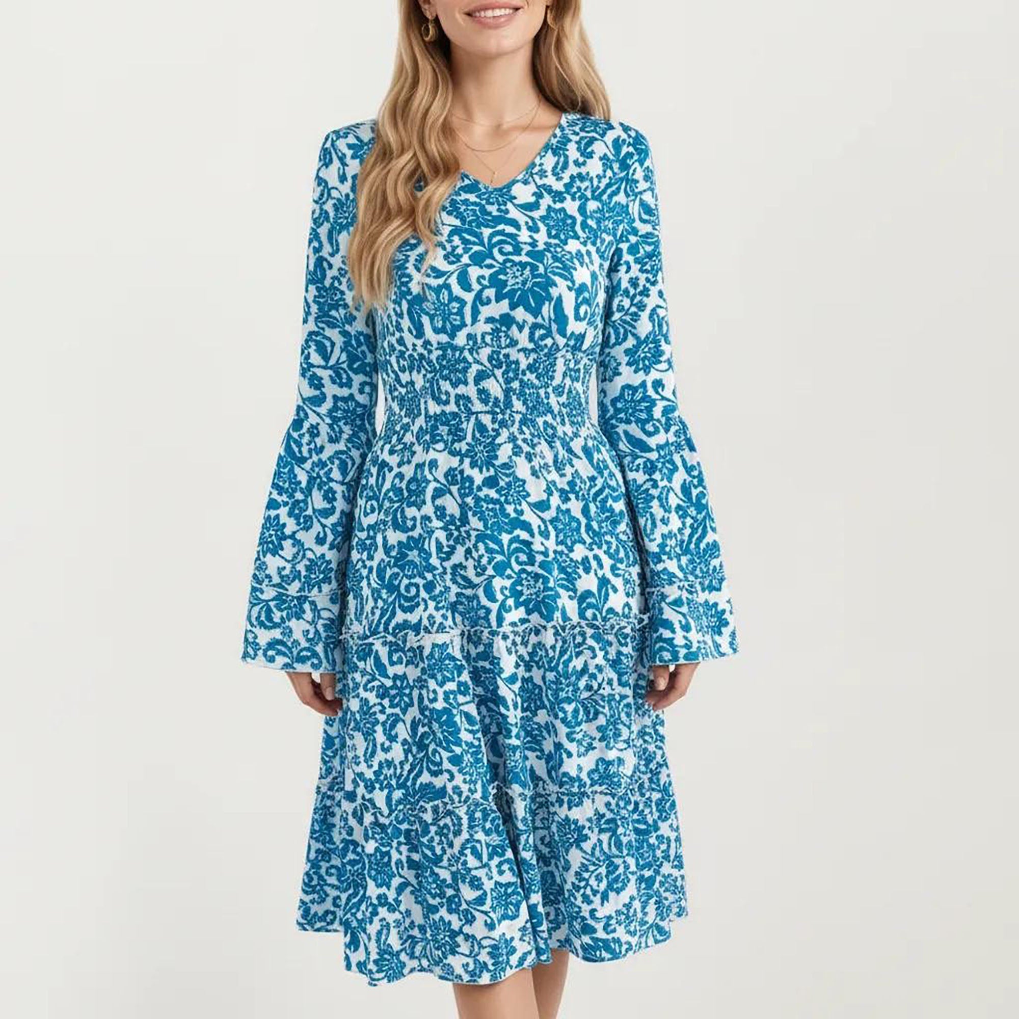 Anna-Kaci Women¡¯s Floral V-Neck Dress with Bell Sleeves and Tiered Skirt for a Flattering Fit and Elegant Style