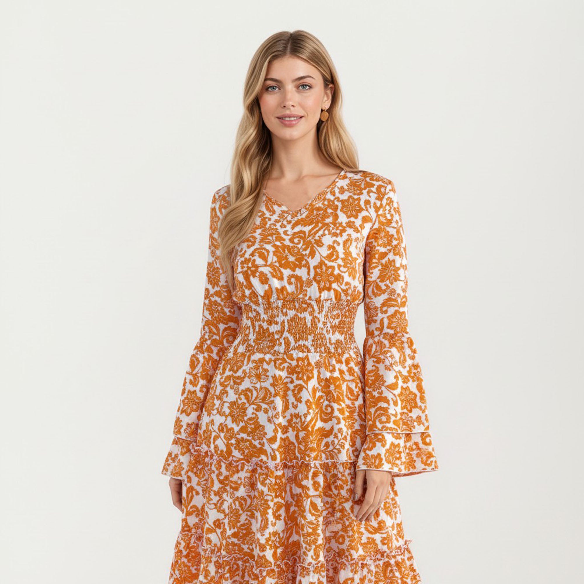 Anna-Kaci Women¡¯s Floral V-Neck Dress with Bell Sleeves and Tiered Skirt for a Flattering Fit and Elegant Style