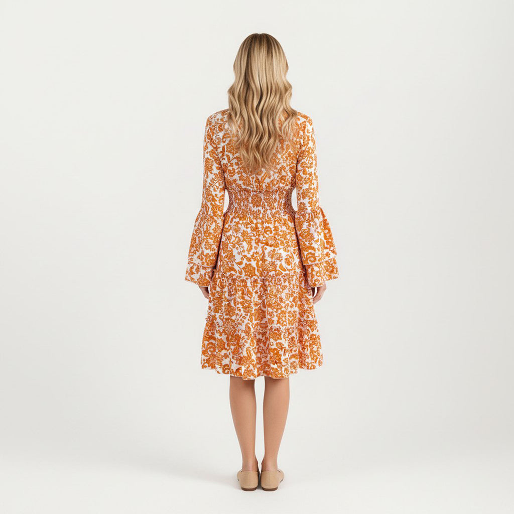 Anna-Kaci Women¡¯s Floral V-Neck Dress with Bell Sleeves and Tiered Skirt for a Flattering Fit and Elegant Style