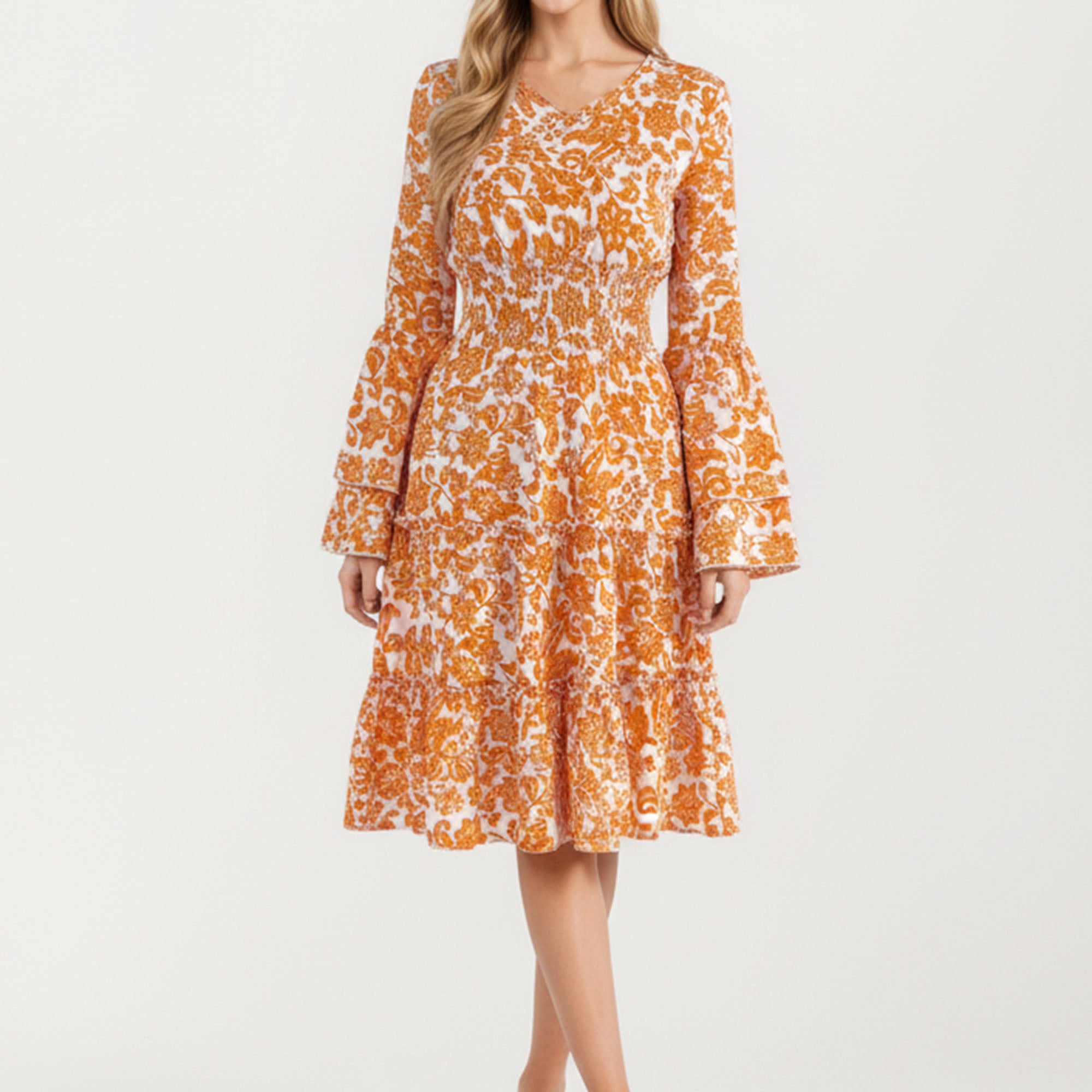 Anna-Kaci Women¡¯s Floral V-Neck Dress with Bell Sleeves and Tiered Skirt for a Flattering Fit and Elegant Style